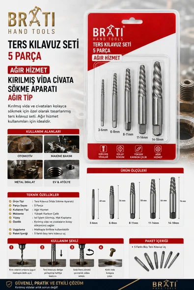 BRATİ HAND TOOLS Ters Kılavuz Seti 5 Parça Ağır Hizmet Kırılmış Vida Cıvata Sökme Aparatı Ağır Tip ürün görseli 1