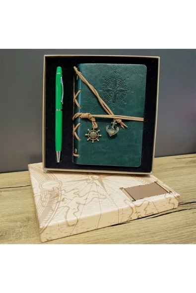 EXENET Pusula Temalı Deri Kapaklı Vintage Defter ve Metal Touchpen Kalem Özel Kutulu Konsept Hediyelik Set ürün görseli 1