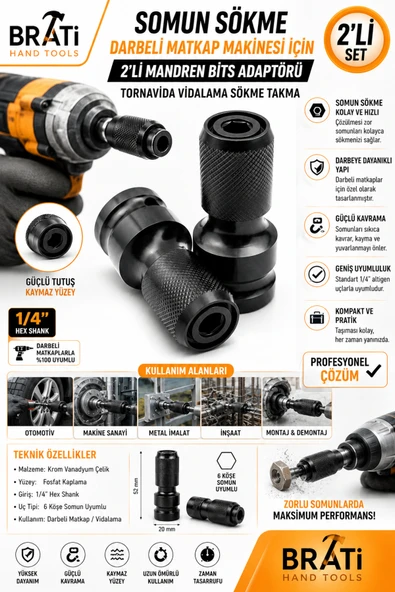 BRATİ HAND TOOLS Somun Sökme Darbeli Matkap Makinesi Için 2'li Mandren Bits Adaptörü Tornavida Vidalama Sökme Takma ürün görseli 1