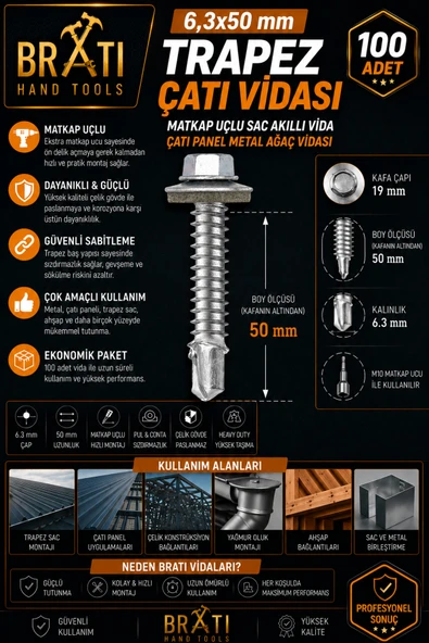 BRATİ HAND TOOLS 6.3X50 Çatı Trapez Çatı Vidası Panel Vidası M10 Adaptör Ve 100 Adet Trapez Vida ürün görseli 1
