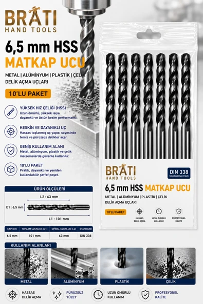 BRATİ HAND TOOLS 6,5 Mm Hss Matkap Uçları 10'lu Paket Metal Alüminyum Ahşap Plastik Delme Uç Delik Açma Uçları ürün görseli 1