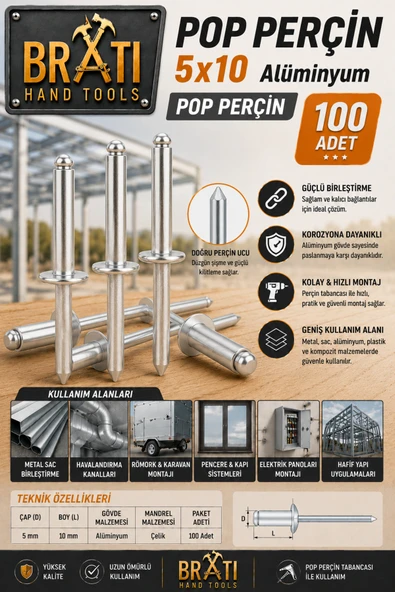 BRATİ HAND TOOLS M5x10 Alüminyum Pop Perçin 100lü Paket Pop Perçim 100 Adet ürün görseli 1