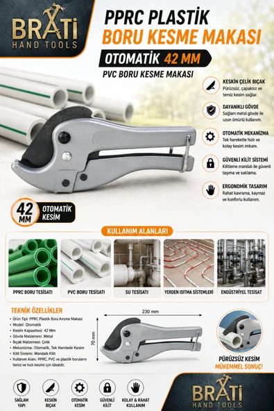 BRATİ HAND TOOLS Pprc Plastik Boru Kesme Makası Otomatik 42 Mm Pvc Boru Kesme Makası ürün görseli 1