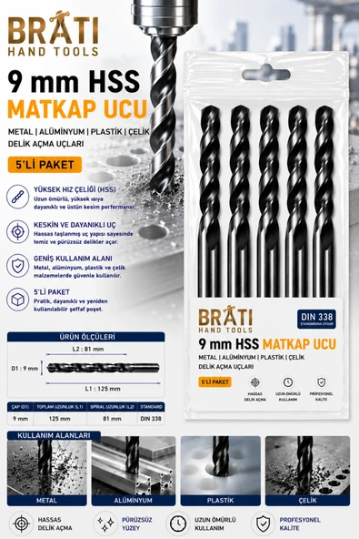 BRATİ HAND TOOLS 9 Mm Hss Matkap Ucu 5 Adet Metal Alüminyum Ahşap Plast. Delme Uç Delik Açma Uçları ürün görseli 1