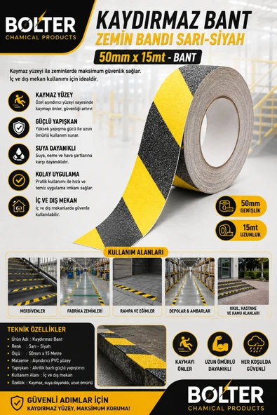 BOLTER CHEMİCAL PRODUCTS Kaydırmaz Zemin Bandı Sarı-siyah 50mmx15mt - Bant ürün görseli 1