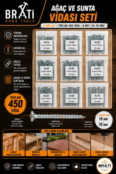 BRATİ HAND TOOLS Ağaç Ve Sunta Vidası Seti – 4 Mm Çap / Toplam 450 Vida / 9 Boy (16-70 MM) ürün görseli 1