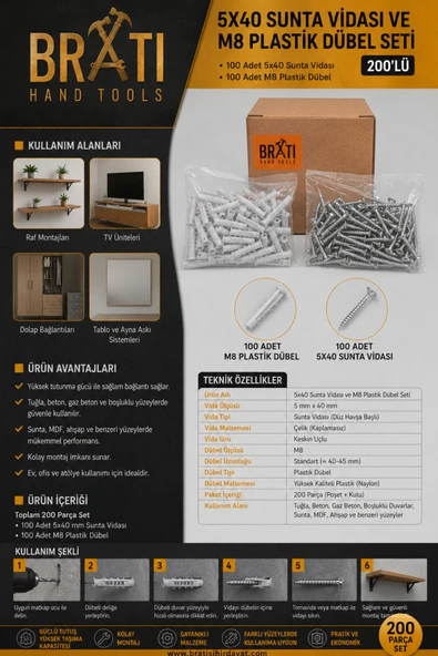 BRATİ HAND TOOLS 5X40 Sunta Vidası ve M8 Plastik Dübel Seti 200'lü ürün görseli 1