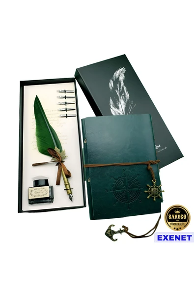 EXENET Divit Kalem Seti Pusula Motifli Deri Kapaklı Defter El Yapımı Vintage Yazı Takımı Özel Hediye Seti ürün görseli 1
