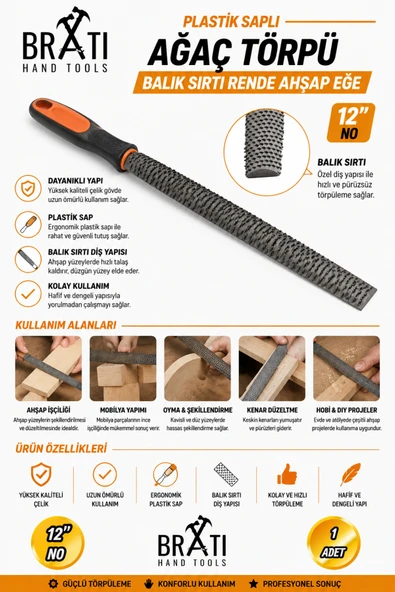 BRATİ HAND TOOLS Plastik Saplı Ağaç Törpü Balık Sırtı Rende Ahşap Eğe 12 No ürün görseli 1
