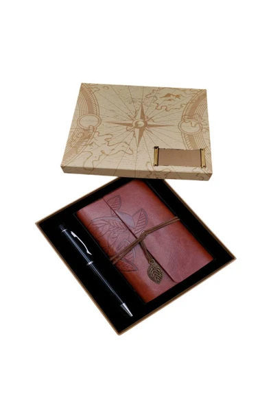 EXENET Nostaljik Eskitme Deri Kapaklı Retro Defter & Özel Tükenmez Kalem & VIP Kutulu Hediye Seti ürün görseli 1