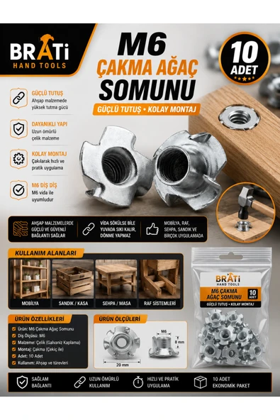BRATİ HAND TOOLS M6 Çakma Ağaç Somunu (10 Adet) ürün görseli 1