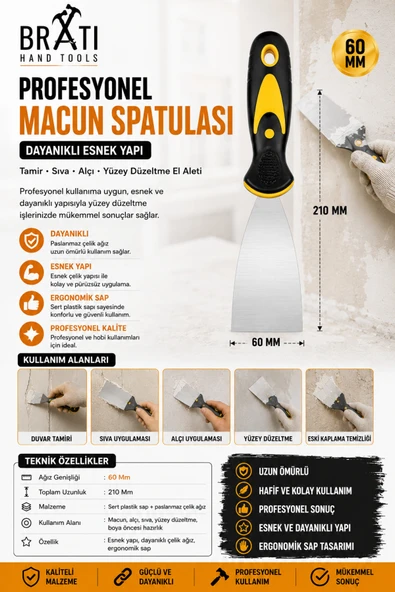 BRATİ HAND TOOLS Profesyonel Macun Spatulası 60 Mm Dayanıklı Esnek Yapı Tamir Sıva Alçı Yüzey Düzeltme El Aleti 6 Cm ürün görseli 1