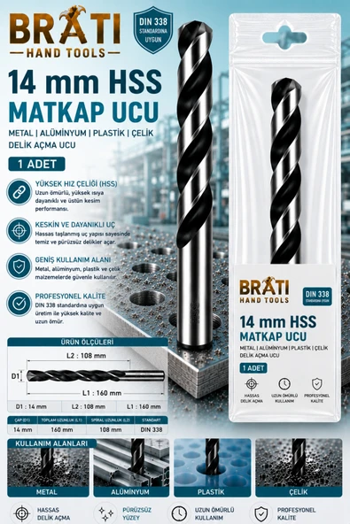 BRATİ HAND TOOLS 14 Mm Hss Matkap Ucu Metal Alüminyum, Pvc Plastik Çelik Delme Uç 14 mm Delik Açma Hss Matkap Ucu 1 Adet ürün görseli 1