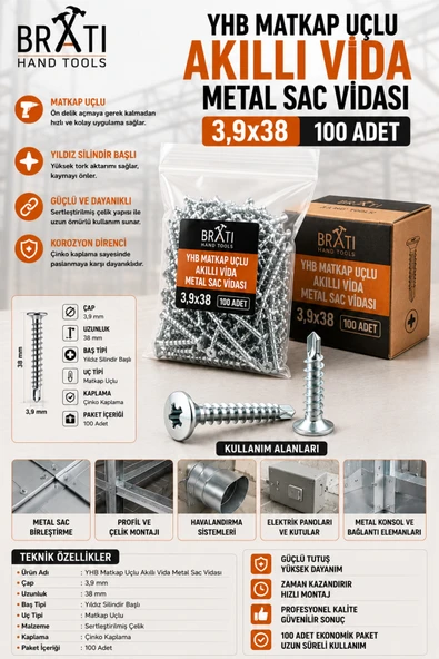 BRATİ HAND TOOLS Yhb Matkap Uçlu Akıllı Vida Metal Sac Vidası 3,9X38 ( 100 Adet )3.9x38 Akıllı Yhb Vida ürün görseli 1