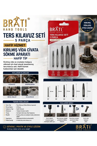 BRATİ HAND TOOLS Ters Kılavuz Seti 6 Parça Ağır Hizmet Kırılmış Vida Civata Sökme Aparatı Ağır Tip ürün görseli 1