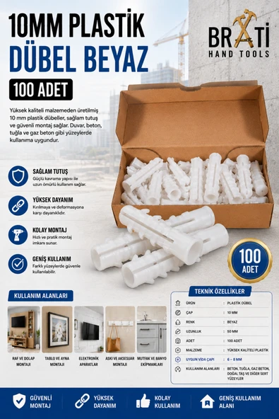 BRATİ HAND TOOLS 10mm Plastik Dübel Beyaz Made 100 Adet ürün görseli 1