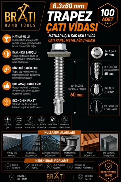 BRATİ HAND TOOLS 6.3X60 Çatı Trapez Çatı Vidası Panel Vidası M10 Adaptörlü ve 100 Adet Trapez Vida Çatı Vidası ürün görseli 1