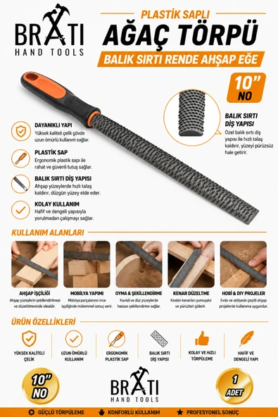 BRATİ HAND TOOLS Saplı Ağaç Törpü Balık Sırtı Rende Ahşap Eğe 10 No 10 İnç ürün görseli 1