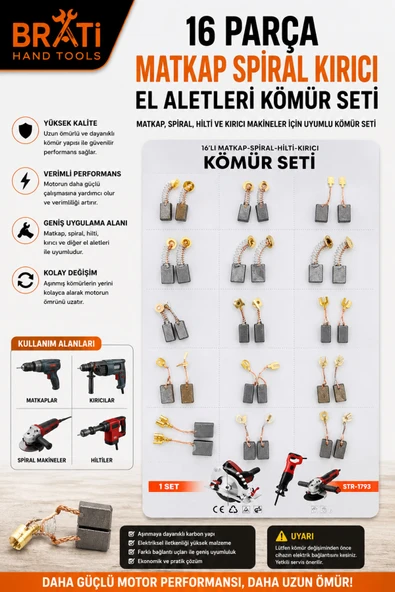 BRATİ HAND TOOLS 16 Parça Matkap Spiral Kırıcı El Aletleri Kömürü Makine Kömür Seti ürün görseli 1