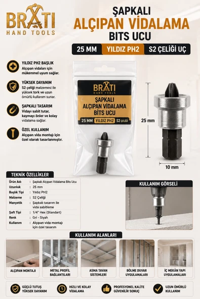BRATİ HAND TOOLS Şapkalı Alçıpan Vidalama Bits Ucu 25 Mm Yıldız Ph2 S2 Çeliği Uç ürün görseli 1
