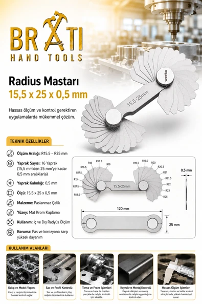 BRATİ HAND TOOLS Radius Mastarı 15,5 x 25 x 0,5 mm Radiyus Mastarı ürün görseli 1