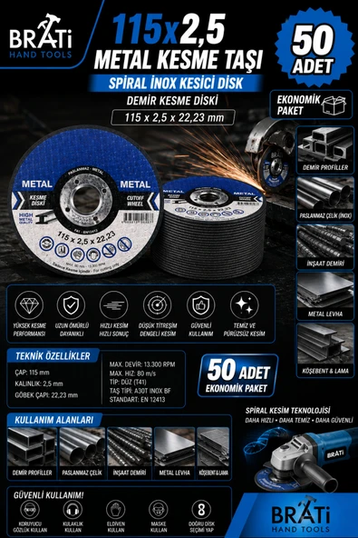 BRATİ HAND TOOLS 115X2,5 Metal Kesme Taşı 50 Adet Spiral Inox Demir Kesici Diski Demir Kesme Disk 115x2,5x22,23 ürün görseli 1