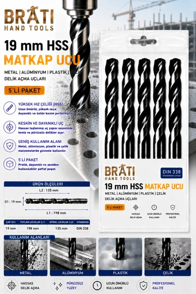 BRATİ HAND TOOLS 19 Mm Hss Matkap Ucu 5'lİ Paket Metal Alüminyum Ahşap Plastik Delme Uç Delik Açma Uçları ürün görseli 1