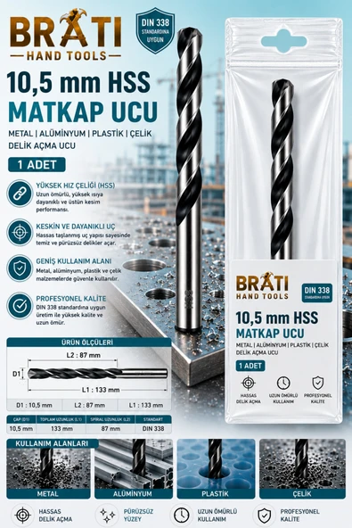 BRATİ HAND TOOLS 10,5 Mm Matkap Ucu Metal Alüminyum Ahşap Plastik Çelik Delme Uç 10.5 mm Hss Delik Açma Ucu 1 Adet ürün görseli 1