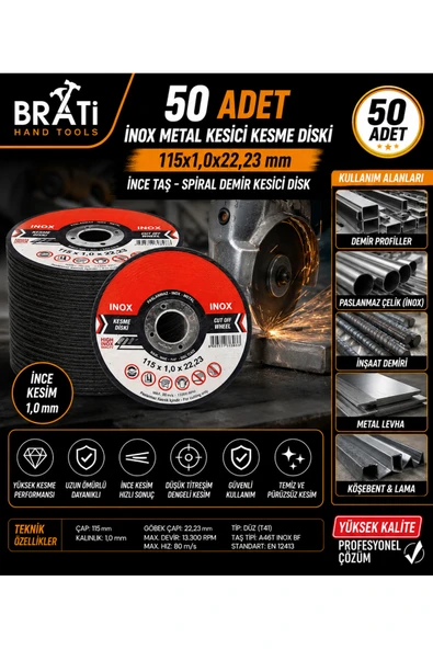 BRATİ HAND TOOLS 50 Adet İnox Metal Kesici Kesme Diski 115x1,0x22,23 mm İnce Taş Spiral Demir Kesici Disk ürün görseli 1