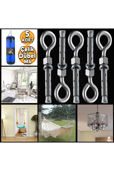 BRATİ HAND TOOLS Kancalı Çelik Dübel Salıncak Tavan Boks Torbası Avize Asma Aparatı Asacağı M6 Kapalı Ağız Kanca 5 Ad ürün görseli 1