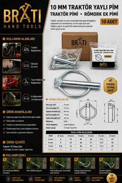 BRATİ HAND TOOLS Traktör Pimi Yaylı Pim Römork Ek Pimi 10 Mm 10 Adet ürün görseli 1
