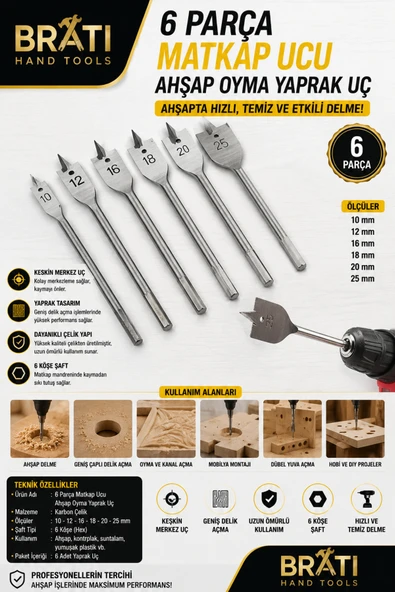 BRATİ HAND TOOLS 6 Parça Matkap Ucu Ahşap Oyma Yaprak Uç ürün görseli 1