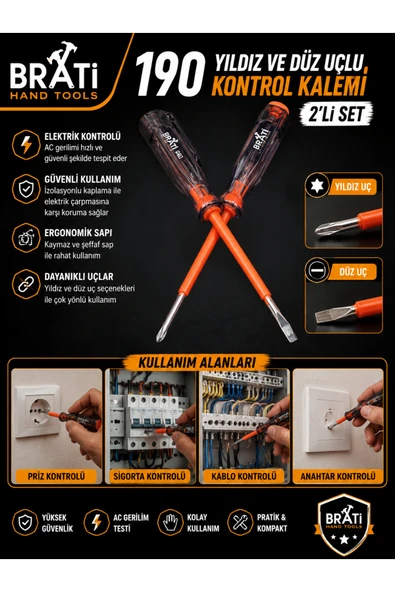 BRATİ HAND TOOLS 190 Yıldız ve Düz Uçlu Kontrol Kalemi 2'li Set ürün görseli 1