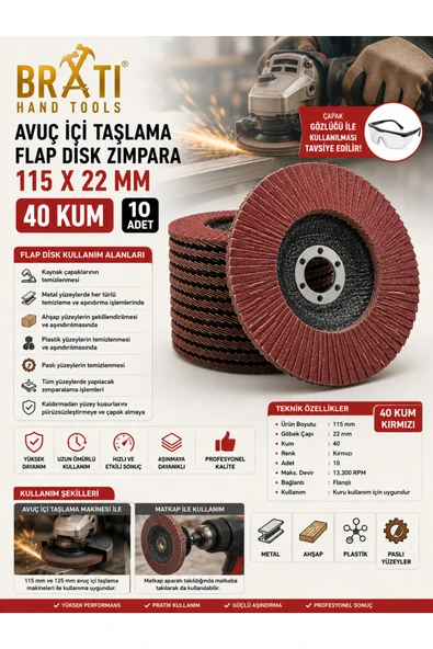 BRATİ HAND TOOLS Avuç İçi Taşlama Flap Disk Zımpara 115 X 22 Mm 40 Kum (10 ADET) ürün görseli 1