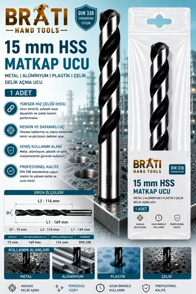 BRATİ HAND TOOLS 15 Mm Hss Matkap Ucu Metal Alüminyum, Pvc Plasttik Çelik Delme Uç 15 mm Delik Açma Hss Uçu 1 Adet ürün görseli 1