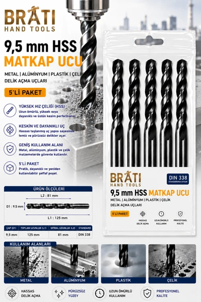 BRATİ HAND TOOLS 9,5 Mm Hss Matkap Ucu 5 Adetli Paket Metal Alüminyum Ahşap Plastik Çelik Delme Uç Delik Açma Ucu ürün görseli 1