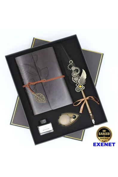 EXENET Vintage Defter Tüylü Kalem Seti Özel Mürekkep Pirinç Kaideli Nostaljik Yazı Takımı Premium Hediyelik ürün görseli 1