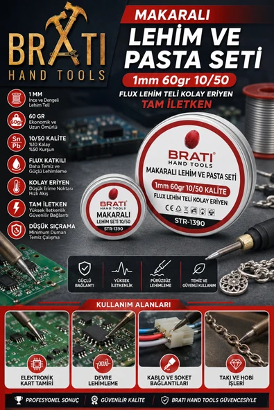 BRATİ HAND TOOLS Makaralı Lehim ve Pasta Seti 1mm 50gr 40/60 Kalite Flux Lehim Teli Kolay Eriyen Tam İletken ürün görseli 1
