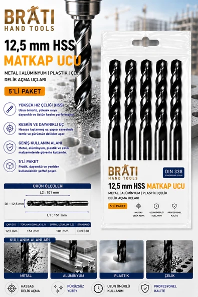 BRATİ HAND TOOLS 12,5 Mm Matkap Ucu 5'li Paket Metal Alüminyum Ahşap Plast. Çelik Delme Uç Delik Açma Uçları ürün görseli 1