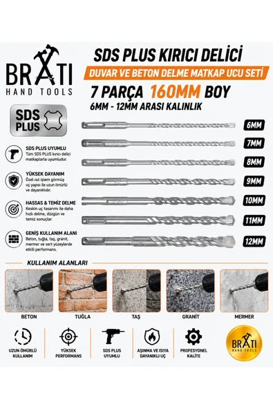 BRATİ HAND TOOLS Sds Plus Kırıcı Delici Hilti Duvar ve Beton Delme Matkap Ucu seti 7 parça 160mm Boy 6mm-12mm ürün görseli 1