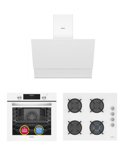 Simfer QS Beyaz Cam 3'lü Ankastre Set (8209 Fırın + 3507 Ocak + 8704 Davlumbaz) ürün görseli 1