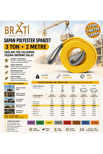 BRATİ HAND TOOLS Polyester Sapan 3 Ton 2 Metre Sarı Sağlam Yük Kaldırma Taşıma İndirme Halat Spanzet ürün görseli 1