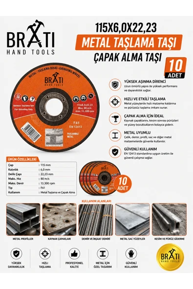BRATİ HAND TOOLS 115X6,0X22,23 Metal Taşlama Taşı Çapak Alma Taşı 10 Adet ürün görseli 1