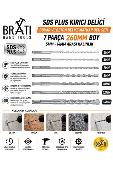 BRATİ HAND TOOLS Sds Plus Kırıcı Delici Hilti Duvar ve Beton Delme Matkap Ucu seti 7 parça 260mm Boy 5mm-14mm ürün görseli 1
