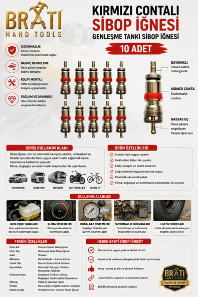 BRATİ HAND TOOLS Kırmızı Contalı Sibop İğnesi Genleşme Tankı Sibop İğnesi 10 Adet ürün görseli 1