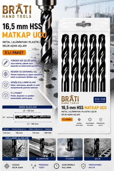 BRATİ HAND TOOLS 16,5 Mm Hss Matkap Ucu 5'lİ Paket Metal Ahşap Plastik Delme Uç Delik Açma Uçları ürün görseli 1