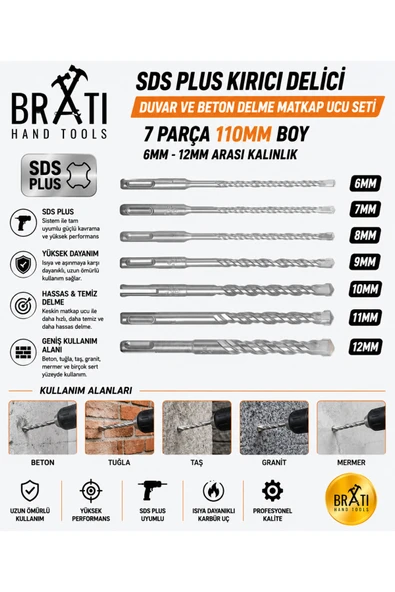 BRATİ HAND TOOLS Sds Plus Kırıcı Delici Hilti Duvar ve Beton Delme Matkap Ucu seti 7 parça 110mm Boy 6mm-12mm ürün görseli 1