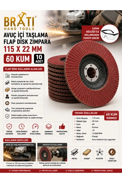 BRATİ HAND TOOLS Avuç İçi Taşlama Flap Disk Zımpara 115 X 22 Mm 60 Kum (10 ADET) ürün görseli 1