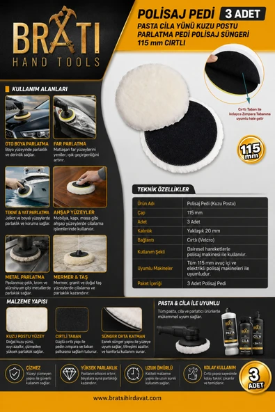 BRATİ HAND TOOLS Polisaj Pedi 3 Adet Pasta Cila Yünü Kuzu Postu Parlatma Pedi Polisaj Süngeri 115 mm Cırtlı ürün görseli 1