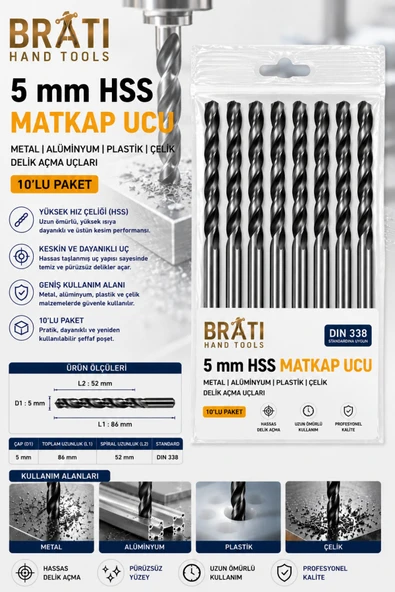 BRATİ HAND TOOLS 5 Mm Hss Matkap Uç 10 Adet Metal Alüminyum Ahşap Plastik Çelik Delme Delik Açma Uçları ürün görseli 1